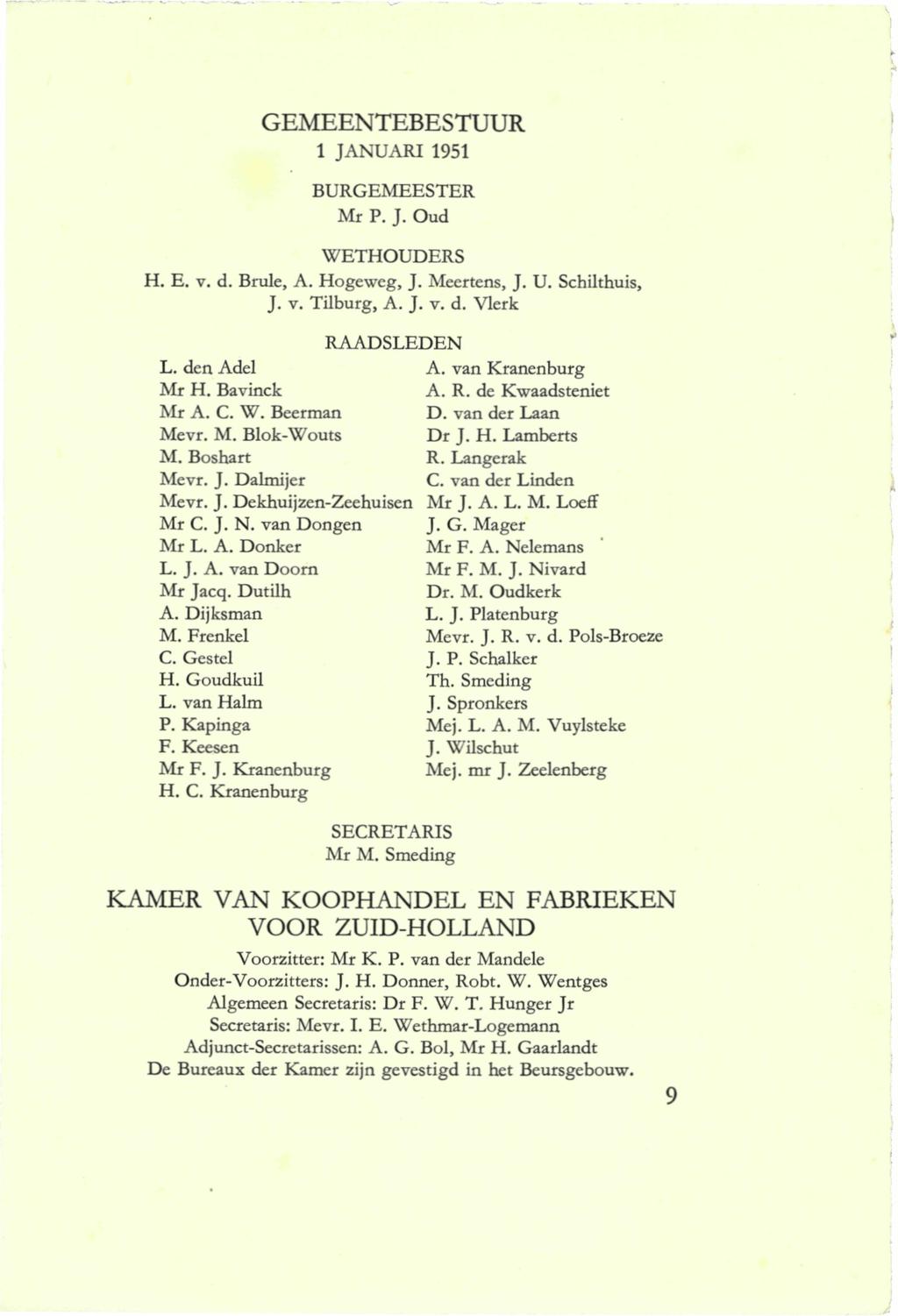 . GEMEENTEBESTUUR 1 JANUARI 1951 BURGEMEESTER Mr P. J. Oud WETHOUDERS H. E. v. d. Brule, A. Hogeweg, J. Meertens, J. U. Schilthuis, J. v. Tilburg, A. J. v. d. Vlerk RAADSLEDEN L. den Adel A.