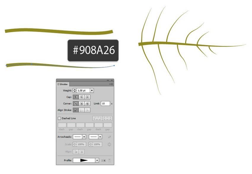 Stap 10 Teken details voor het blad met een #908A26 streek en het aangegeven profiel.