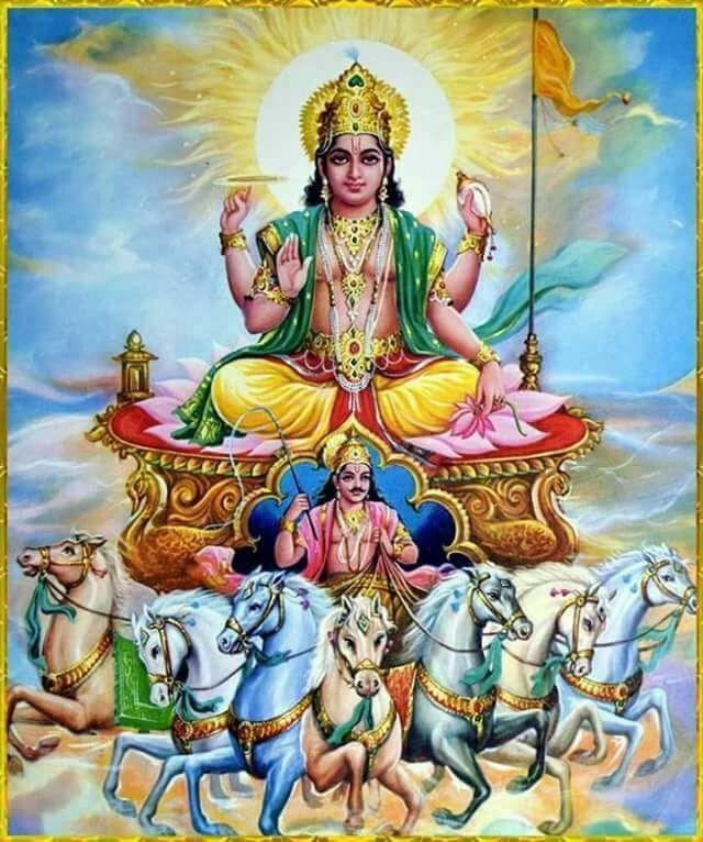 Hindoeïsme In het hindoeïsme rijdt de zonnegod Surya (1) met een wagen met zeven paarden ervoor door de hemel rijdt.