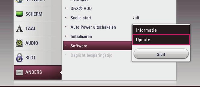Wanneer u de speler aanzet, wordt het updatemenu op het beeldscherm weergegeven. 2. Gebruik de toetsen A/D om de gewenste optie te selecteren en druk vervolgens op ENTER (b).