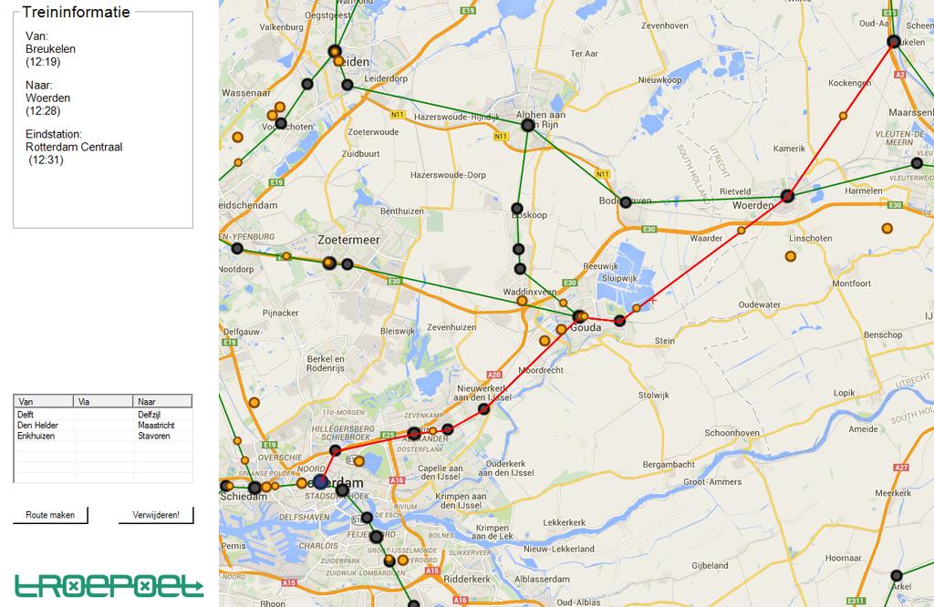 Wanneer u op een trein klikt wordt de route van deze trein gemarkeerd in