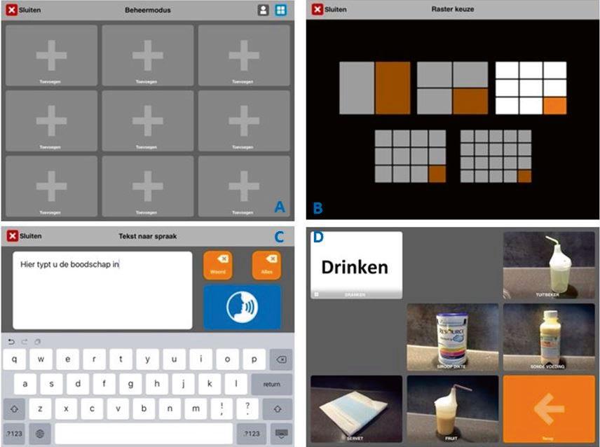 Voorbeelden van een raster met 9 tegels (A), keuzes uit verschillende rasters (B), het toetsenbord in de app Eline Spreekt (C) en een ingevuld raster met het thema Drinken (D) omgeving
