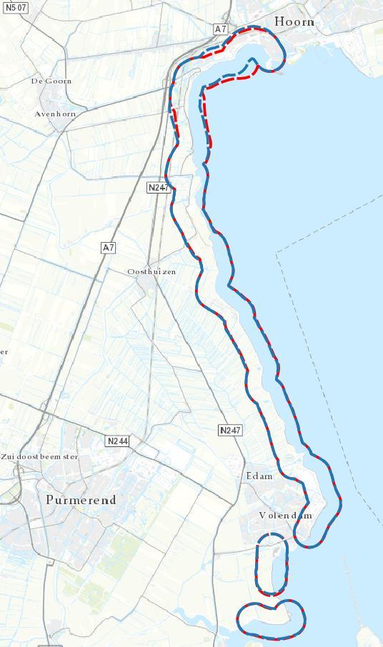 70 van 183 Afbeelding 22: Verstoringscontouren fietspad (links) in huidige situatie (blauw) en na afronding van de dijkversterking (rood).