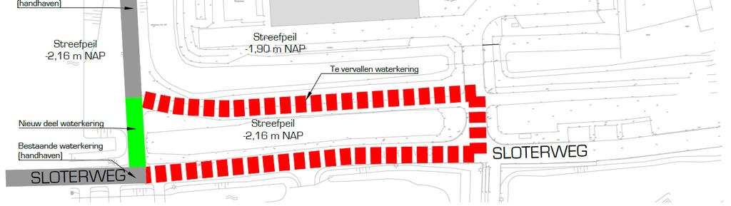 De bestaande sloot die aan de noordzijde van de Sloterweg tussen de rijbaan en het bestaande fietspad ligt, valt binnen deze dijkzone.