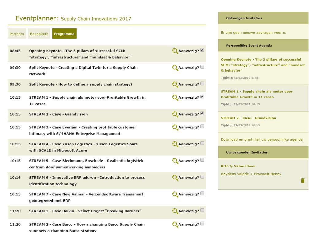 - Kalender: Klikt u op de afbeelding met de kalender, dan kunt u de desbetreffende bezoeker een uitnodiging sturen om een ontmoeting in te plannen op het event zelf.