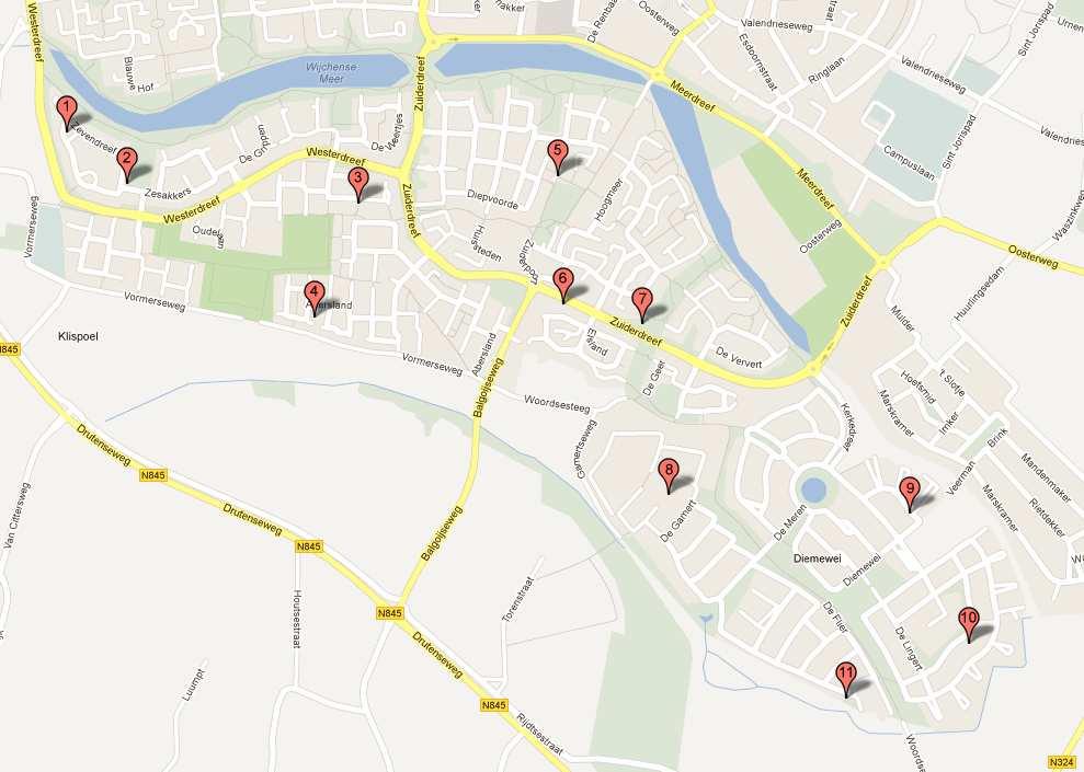 De telpunten zijn weergegeven in figuur 2. Figuur 2. Telpunten langs MUS-route 6605, Wijchen-Zuid. In tabel 1 is aangegeven in welke wijk dan wel in welke straat de telpunten liggen.