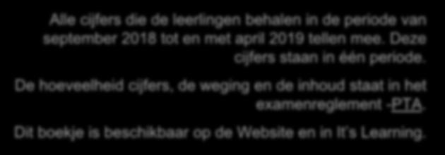 Schoolexamen Alle cijfers die de leerlingen behalen in de periode van september 2018 tot en met april 2019 tellen mee. Deze cijfers staan in één periode.