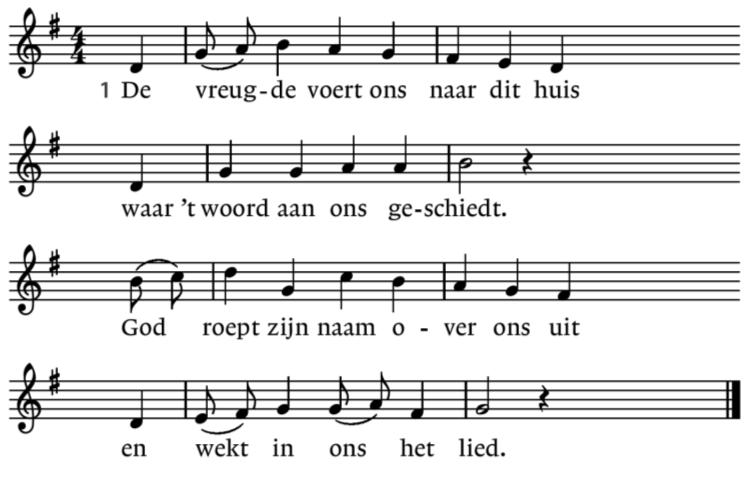 Orgelspel Welkom en mededelingen We gaan staan Intredelied 280: 1, 3, 4 en 7 3. Dit huis, dat alle sporen draagt van wie maar mensen zijn, de pijler die het alles schraagt, wilt Gij die voor ons zijn?