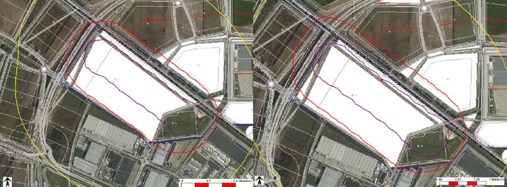 Figuur 4 PR-contouren van de railterminal in twee ontwikkelingsvarianten voor de terminal (in het rood de relevante PR 10-6 -contour) (bron: MER TPN) Groepsrisico In het MER TPN is het volgende