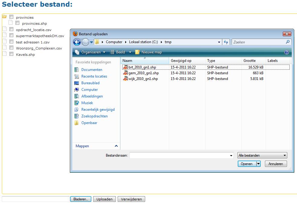 1.9 Bestandsinvoer Tijdens het aanmaken van een nieuw etl proces in de Datastorelinker kan uit een lijst gekozen worden voor een bestand. Deze bestanden kunnen via bestandsinvoer al klaargezet worden.