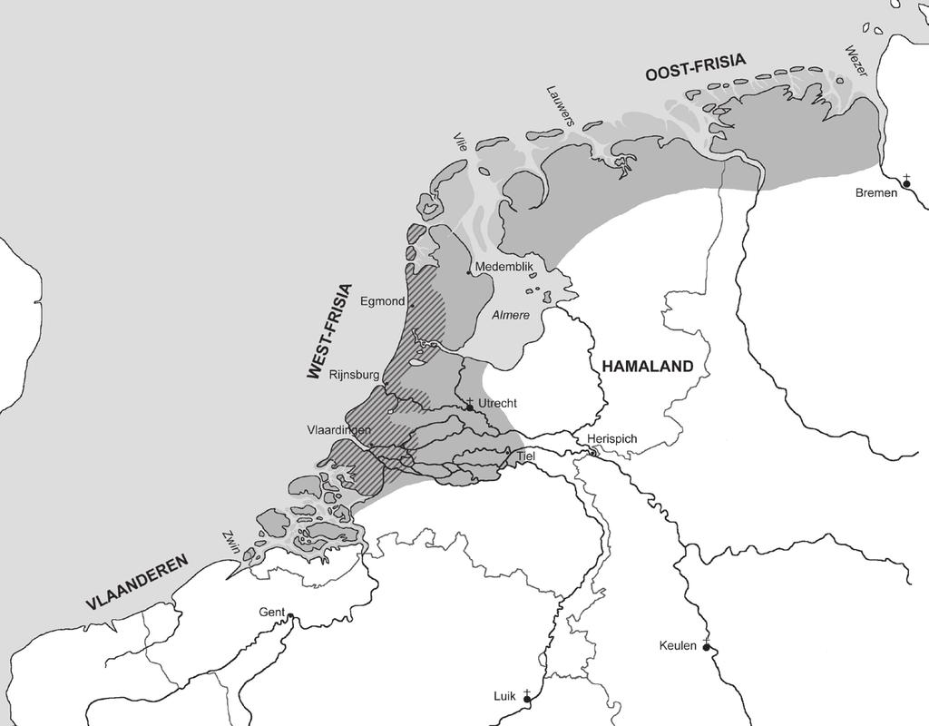 Kaart van Frisia rond het jaar 1000, met de in de tekst genoemde plaatsen. Het graafschap West-Frisia is gearceerd. noordelijk Frisia (de huidige provincie Friesland) lagen.