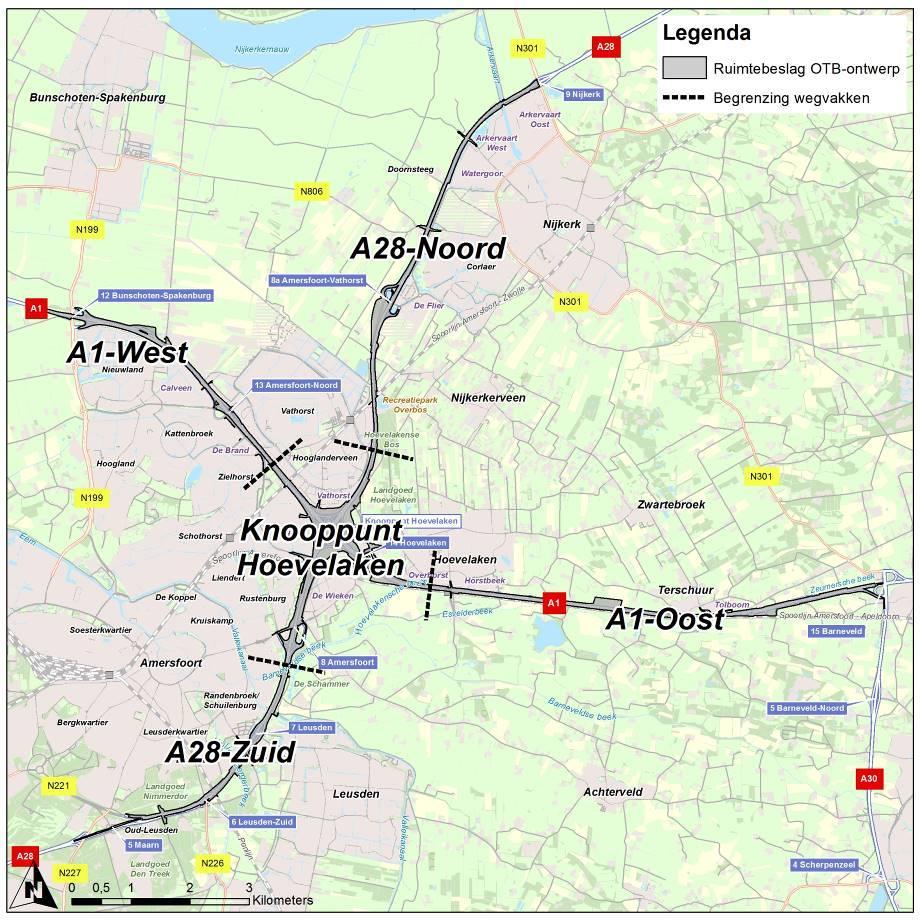 3.2 Beschrijving van het OTB-ontwerp Het plangebied is voor de omschrijving van de infrastructurele maatregelen en de effecten daarvan opgedeeld in de volgende 5 wegvakken, te weten: A1-West