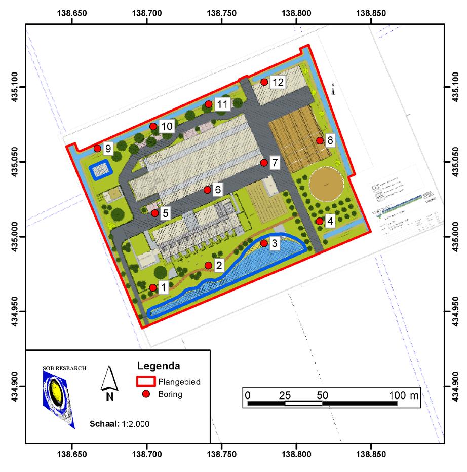 Afbeelding 21. Ontwerpplan voor de toekomstige zorgboerderij aan de Tiendweg 13 te Rhenoy, Gemeente Geldermalsen, met hierop de positie van de boringen van het IVO-Overig geprojecteerd (in rood).