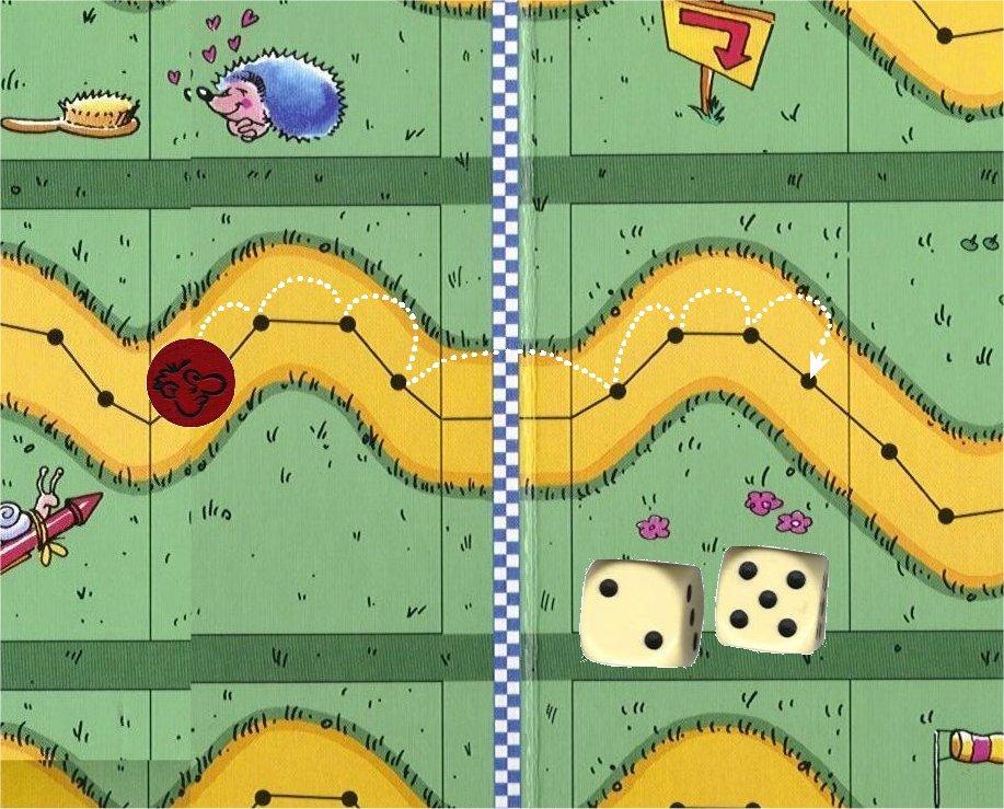 2. Dobbelen en zijn spelfiguur vooruit bewegen De speler moet met de beide dobbelstenen gooien en zijn spelfiguur hetzelfde aantal velden vooruit bewegen. Elk veld telt daarbij voor één dobbelpunt.
