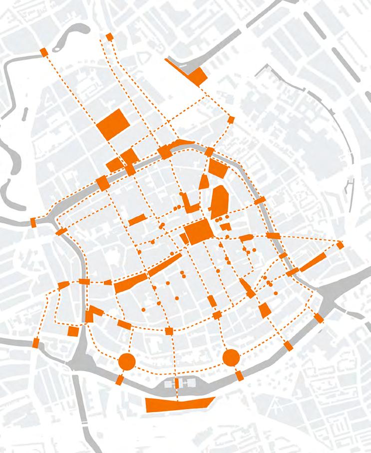 Geschakelde pleinen Daaruit kwam het idee voort om met shared space en alternatieve fietsroutes juist de voetganger meer plek te geven.