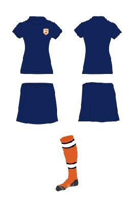 Uitrusting Navy blauw T-shirt (thuis) Wit T-shirt (uit) Navy blauw broekje / rok Oranje