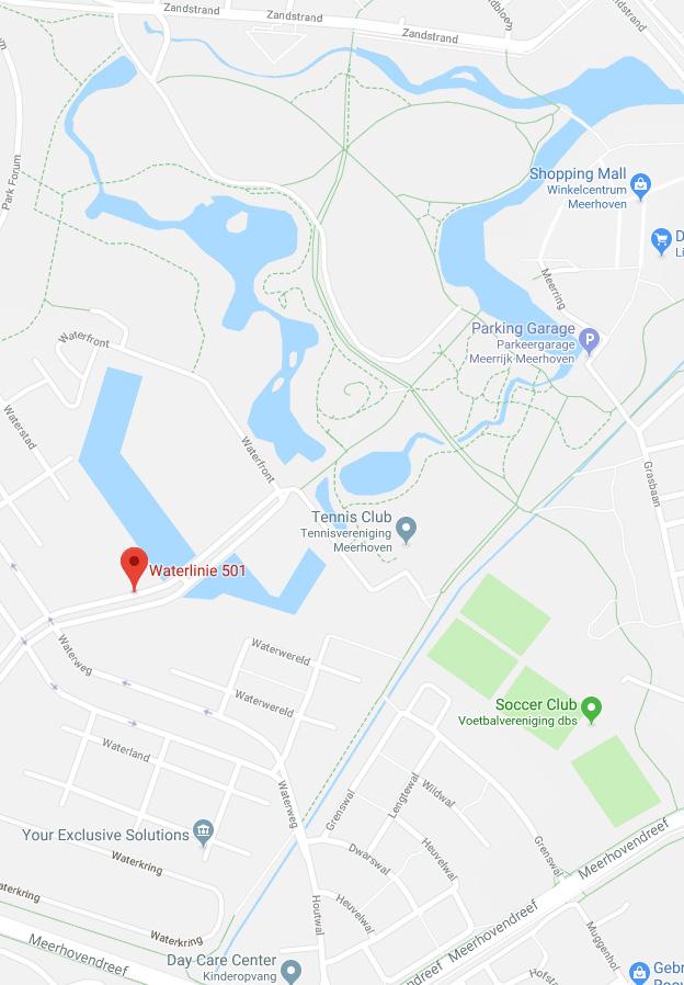 Terraszijde appartementencomplex Park Meerland Ligging: Waterlinie 501 is gelegen in het plan Aquallure, in het deelplan Waterrijk van Meerhoven.