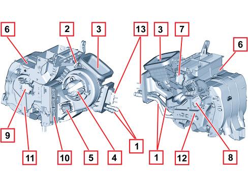 1 - Aircoleidingen 2 - Koelvloeistofleidingen 3 - Actuator recirculatieklep 4 - Toevoer voor buitenlucht 5 - Airconditioning 6 - Aanjager 7 - Ontwasemactuator 8