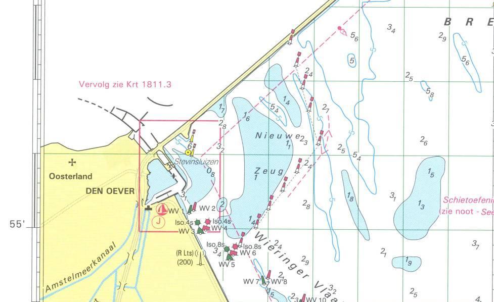 Figuur 3.7 Bathymetrie aan IJsselmeerzijde van de Stevinsluis, merk op de 5-6m diepe zandwinputten in het zuidoostelijke deel van deze kaart. Figuur 3.