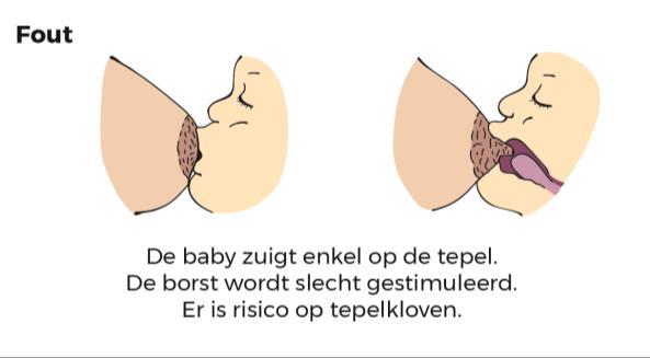 - Neusgaten zijn vrij. - Mond is wijd open. - Oor, schouder en heup van de baby zijn op één lijn. - De borst beweegt niet in en uit het mondje. - De kaken van de baby bewegen ritmisch.