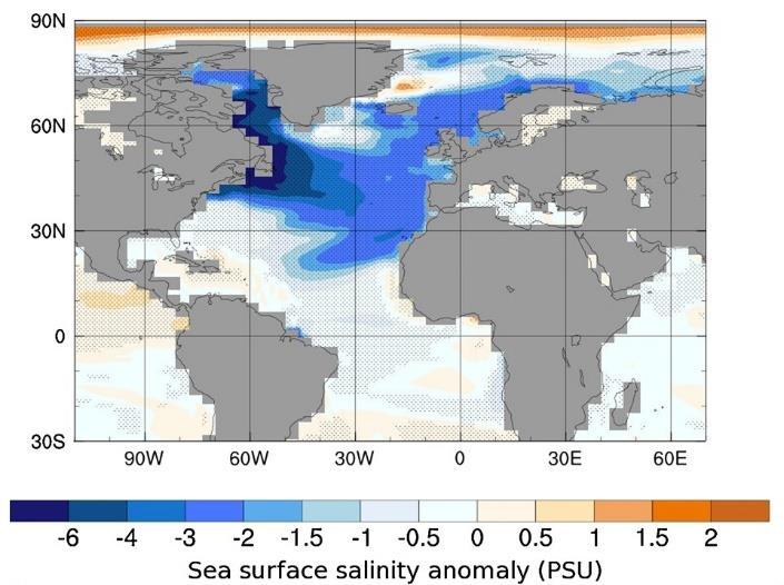 Door de damdoorbraak komt een grote hoeveelheid zoet water in de oceaan terecht Modelsimulatie door