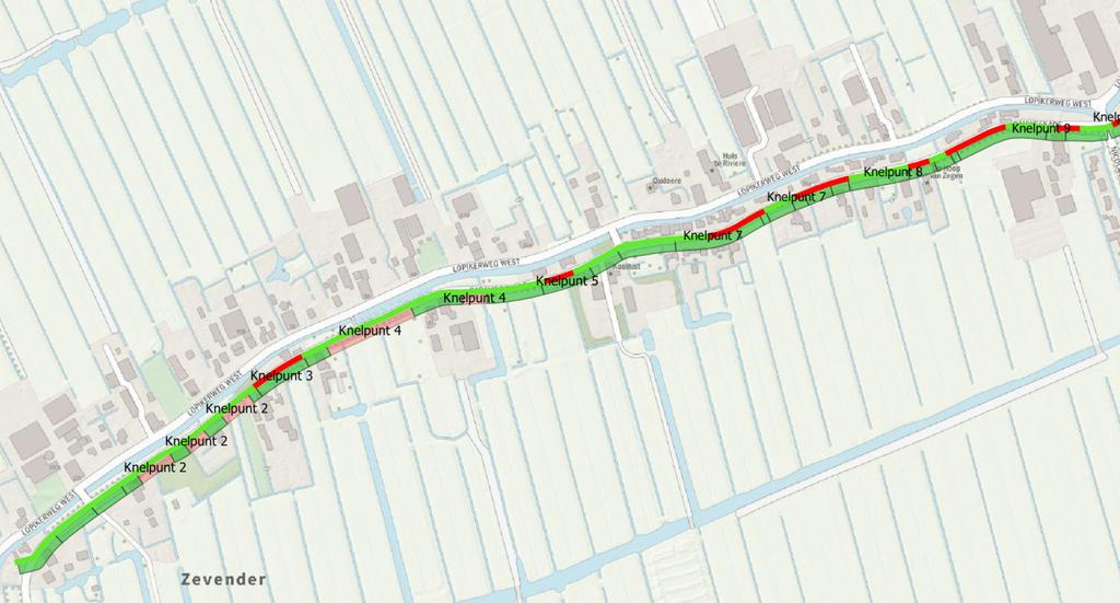 Figuur 5: Eindresultaat toetsing voor kadevak 341B. Op de groene stukken voldoet de dijk aan de veiligheidseisen.