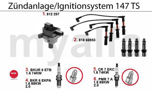 1 812297 Bobine 147,166,gtv/spider (916) CF 3 96,50 2 81866953 Bougiekabelset 147, 156, 166, gtv/ spider (916), Nuovo GT - TS 16V CF3 80,33 3 BKUR6ETB Bougie NGK 147 1.