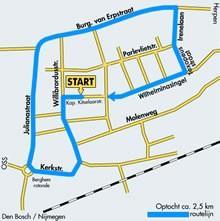 Route De volgende route wordt gevolgd; Start vanaf Meester Gielenplein, linksaf Kap.Kitselaarsstraat, linksaf St.Willibrordusstraat, rechtsaf Kerkstraat, rotonde rechts Julianastraat, Burg.