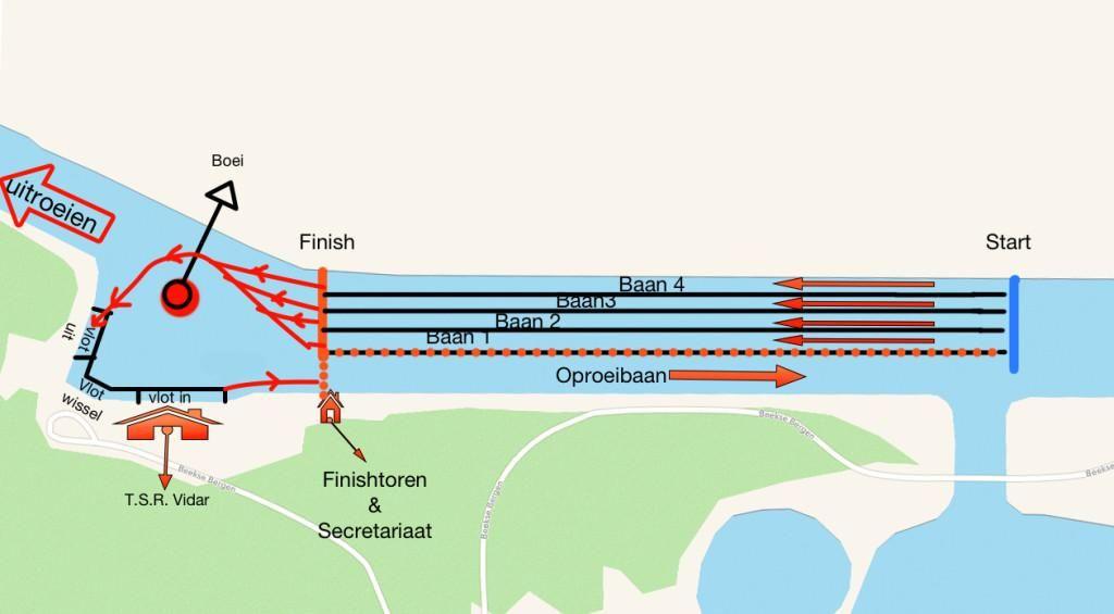 Baankaart Roeibaan Beekse Bergen Aandachtspunten voor roeiers Tijdens de roeiwedstrijd start iedereen in boten van zijn of haar eigen vereniging.