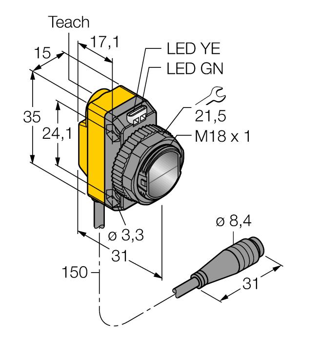 Overdracht proceswaarde en parametrering via IO-link kabel met connector, PVC, 150 mm M8 x 1, 4-polig beschermingsgraad IP67 LED rondom zichtbaar coaxiale optiek gevoeligheidsinstelling met