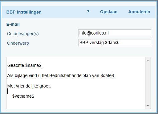 Zodra u voor alle logboek programma s een template heeft gemaakt, kunt u ook hier weer een standaard email template aanmaken die u gebruikt voor het versturen van een BBP (zie hfst 2.1).