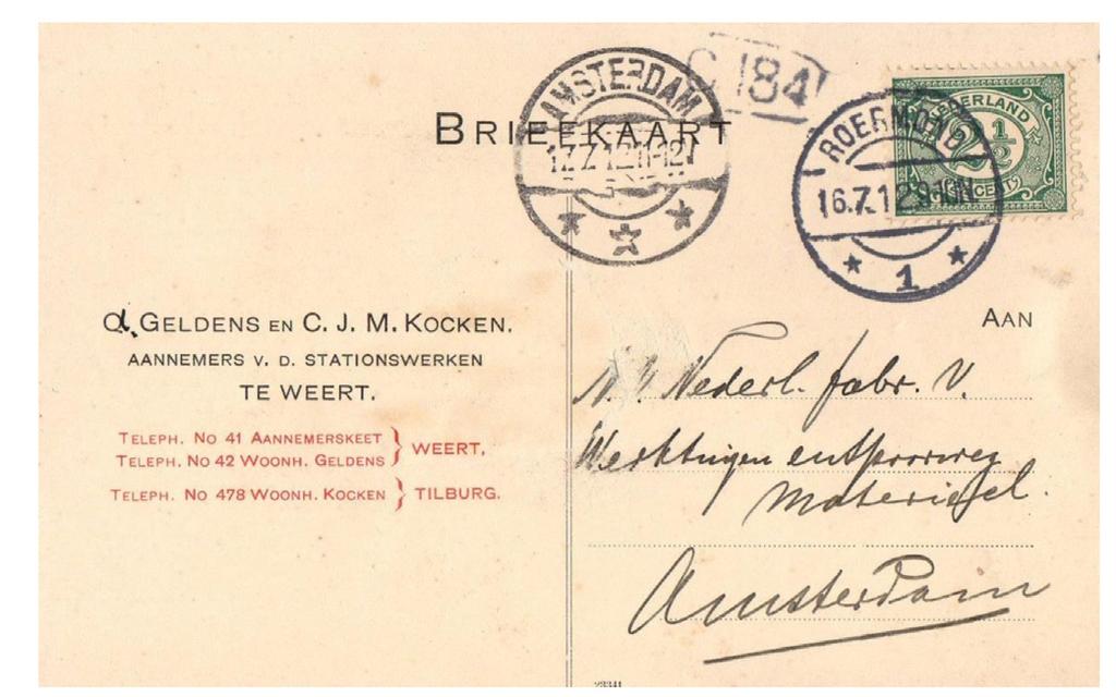Briefkaart van de AAN- NEMERS v. d. STA- TIONSWERKEN TE WEERT. De heren Geldens en Kocken.