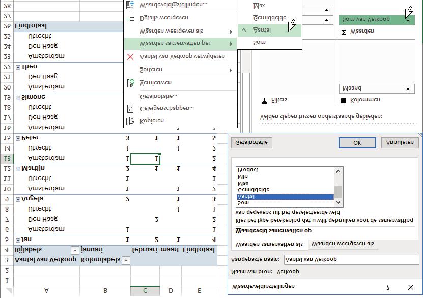 Handboek Excel 2019 Afbeelding 13.11 Via Waardeveldinstellingen of Waarden samenvatten per, geeft u aantallen of gemiddelden weer.