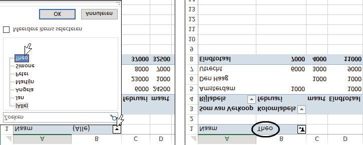 18 Met het filter boven de draaitabel geeft de draaitabel de totalen van één persoon weer. U kunt met het menu van de filterknop bepaalde personen kiezen, bijvoorbeeld Angela en Simone.