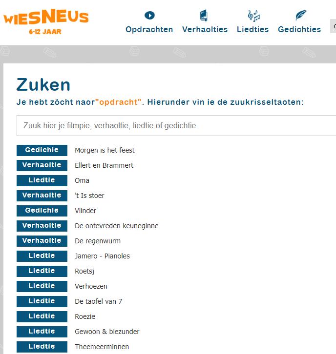 Gebrukershandleiding www.wiesneus.nl bladziede. 11 Je ziet nou een liest van alle liedties, verhaolties en gedichties waorbij al opdrachten maakt bint.