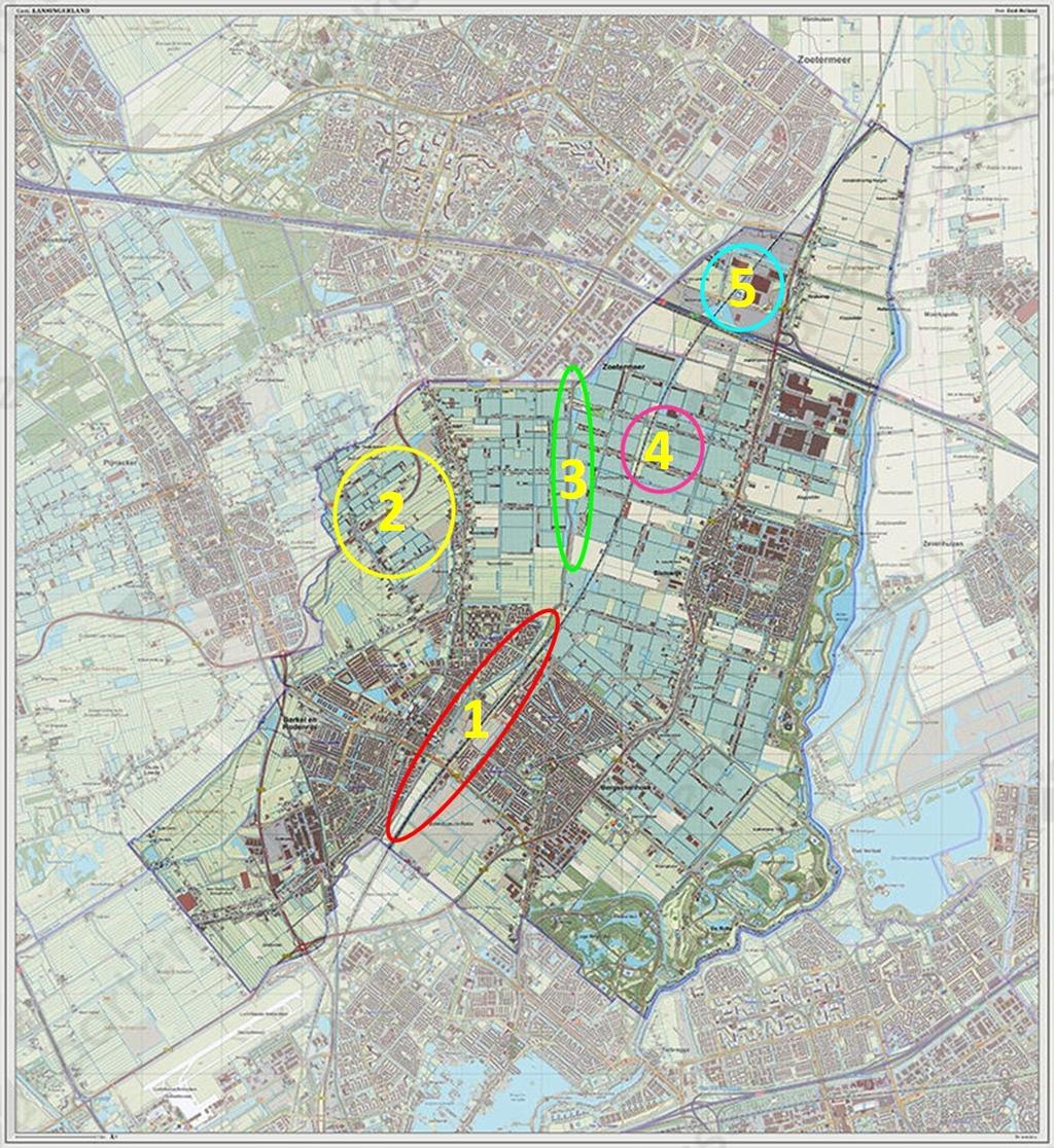 Locatie 1 tot en met 5 worden weergegeven op de kaart in figuur 1. Figuur 1. Gemeente Lansingerland met daarop de vijf bezochte deelgebieden. Bron: Gemeente Lansingerland.