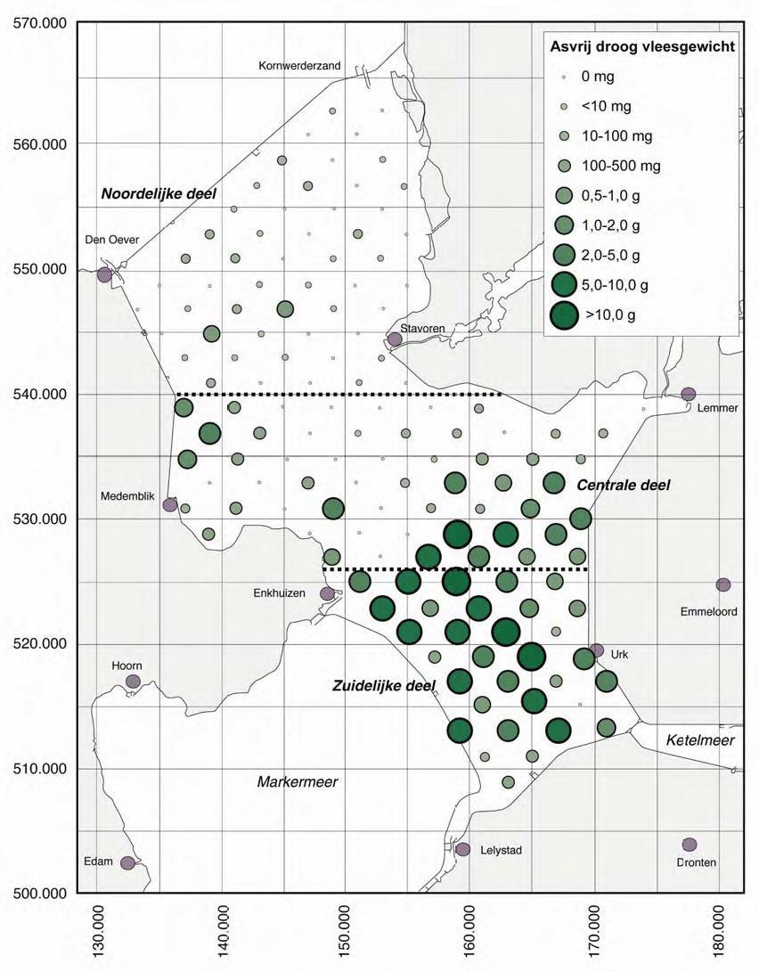 Figuur 4 Het berekende asvrij droog vleesgewicht van de aangetroffen Dreissena s per locatie (totaal van vijf bodemmonsters) (Bron: Bij de Vaate & Jansen, 2012) De waterdiepte per gridcel van 4x2 km