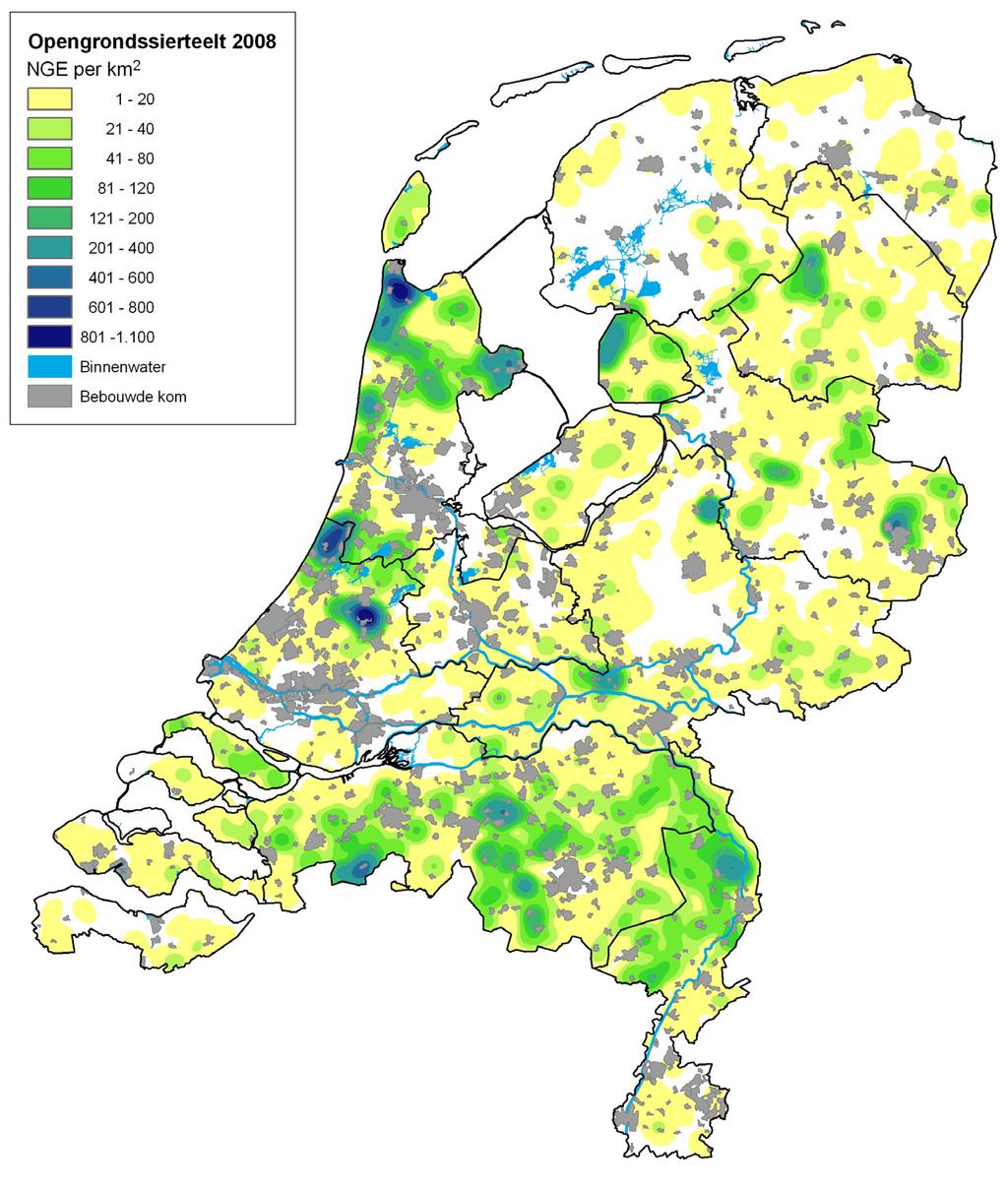 Figuur 5.1 Economische intensiteit van opengrondssierteelt in Nederland, 2008 Bron: CBS-Landbouwtelling; bewerking LEI.