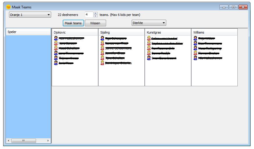 Op basis van de wensen van de organisator worden de teams ingedeeld. Het is mogelijk om deze teams nog te wijzigen doordat je spelers/speelsters kan slepen naar een ander team. Let op!