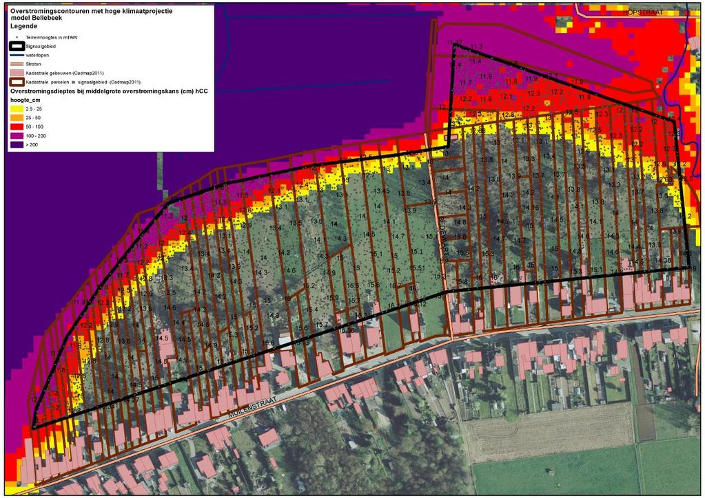 Handleiding kaart: De weergave van de kadastrale gebouwen (Cadmap 2011), kadastrale percelen (Cadmap 2011), straten en waterlopen geven een situering van het signaalgebied.