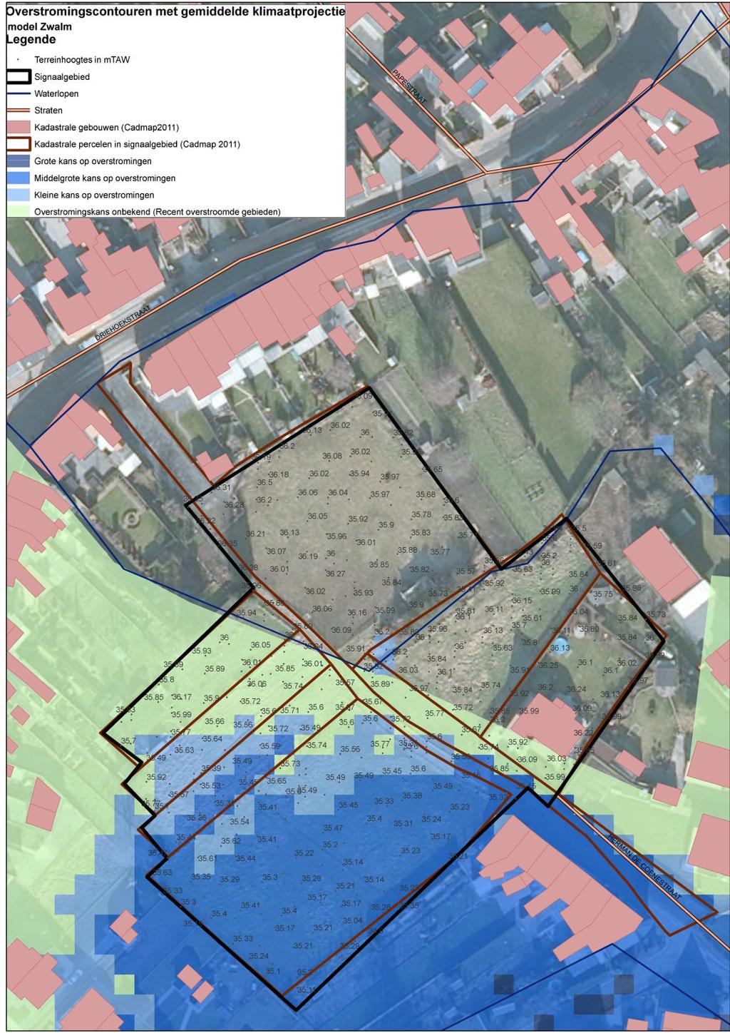 Handleidi ng kaart: De weergave van de kadastrale gebouwen (Cadmap 2011), kadastrale percelen (Cadmap 2011), straten en waterlopen geven een situering van het signaalgebied.