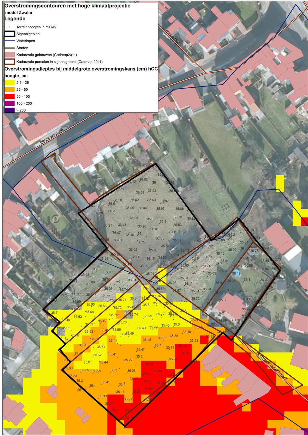 Handleiding kaart: De weergave van de kadastrale gebouwen (Cadmap 2011), kadastrale percelen (Cadmap 2011), straten en waterlopen geven een situering van het signaalgebied.