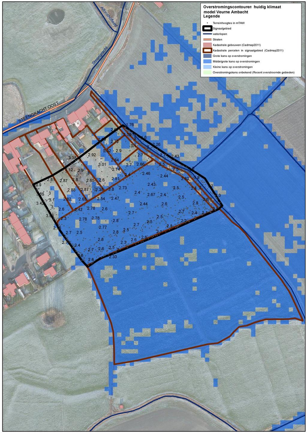 Handleiding kaart: De weergave van de kadastrale gebouwen (Cadmap 2011), kadastrale percelen (Cadmap 2011), straten en waterlopen geven een situering van het signaalgebied.