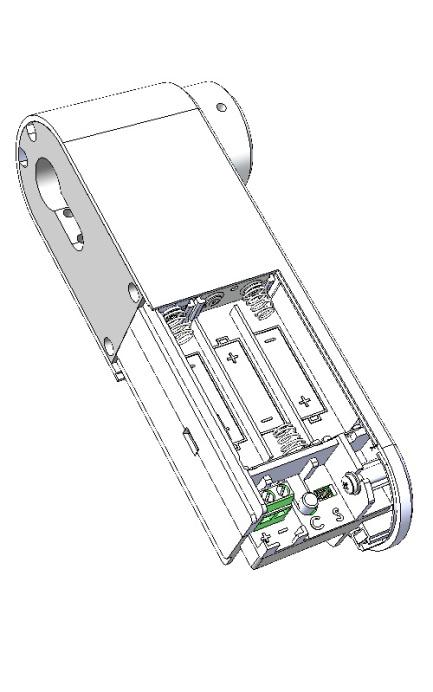 Standaard wordt het batterijencompartiment afgesloten met een designschroef welke met de hand los- en vastgedraaid kan worden.
