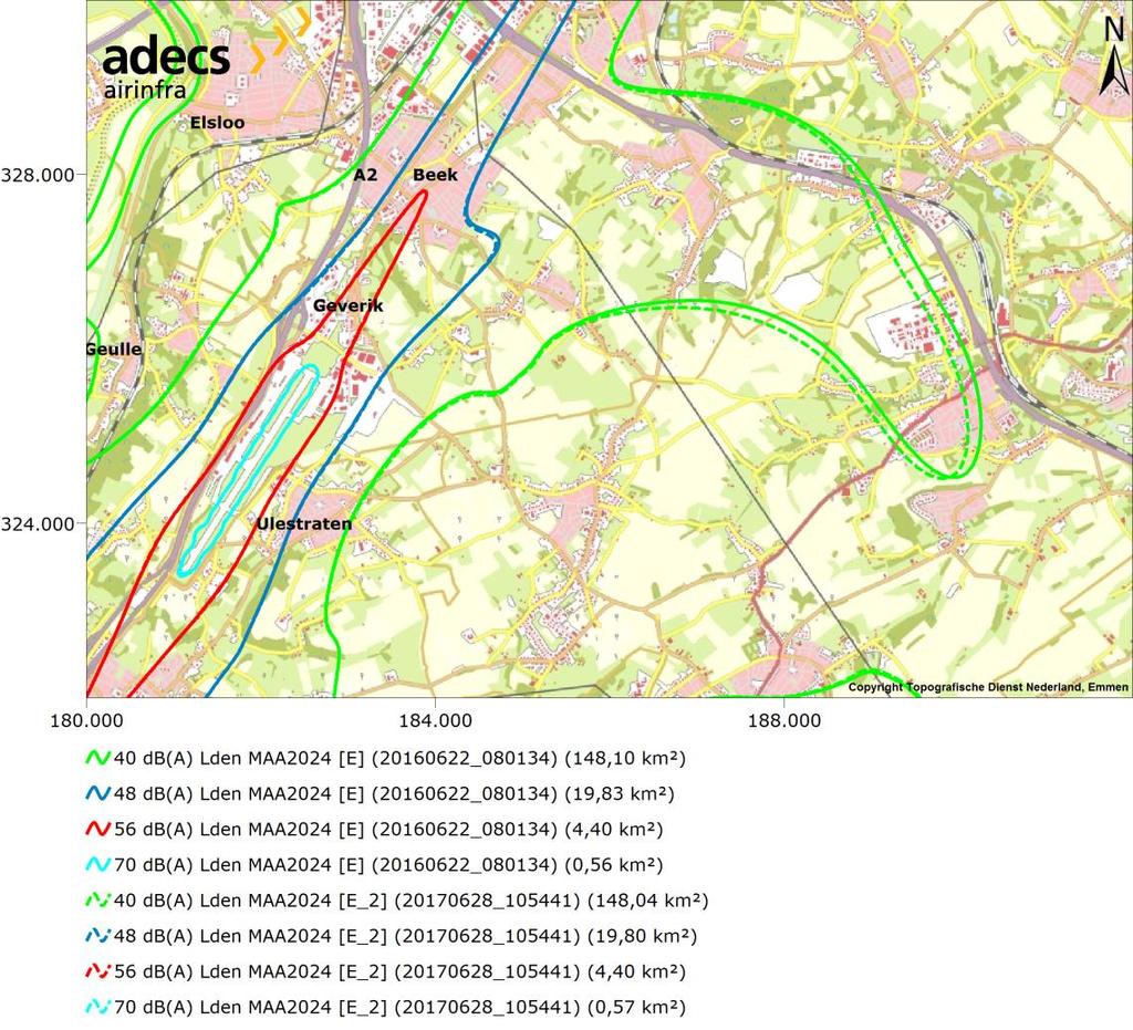 Figuur 12 Vergelijking Lden-contouren van het scenario MAA2024 [E]: LHB-situatie MAA-2024 met het