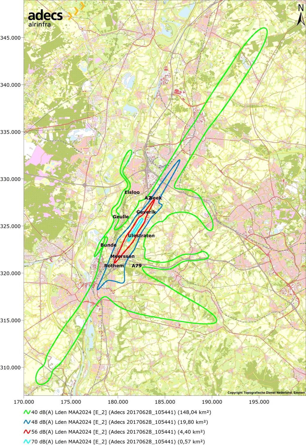 Figuur 3 Totaaloverzicht Lden-contouren voor LHB-situatie