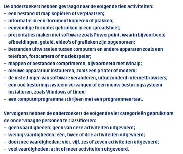 Opdracht 1 Onderzoek de mate van computervaardigheid van de leerlingen en maak daarbij gebruik van de genoemde activiteiten van het CBS. Hoe beoordelen zij zich vooraf aan de activiteiten?