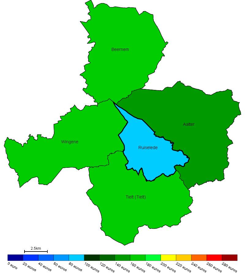 Vastgoed Prijs van bouwgrond in Ruiselede en omgeving Gemiddelde prijs in e/m 2 van bouwgrond in Ruiselede en omgeving Bron : Berekeningen van de ADSEI (FOD Economie) op