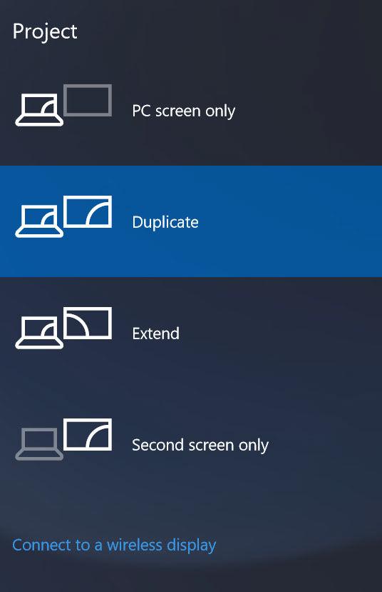 3 Kies een van de volgende weergavemodi: Alleen PC-scherm Duplicate (Duplicaat) Uitbreiden Alleen