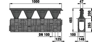 F 100 F 100 type 265, kunststof, sleufdesign uit nodulair gietijzer EN-GJS-500-7, klasse F 900 Type F 265/200, lengtesleuf fwateringsdoorsnede cm² Instroomdoorsnede cm²/m Type F 265/200, lengtesleuf,